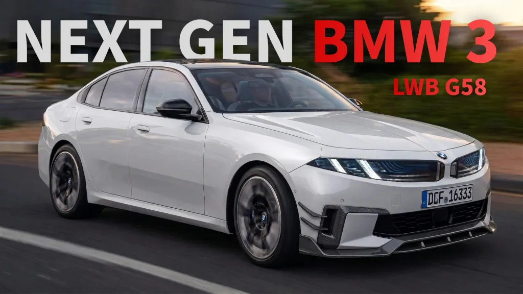 ノイエクラッセデザインを取り入れた次世代BMW 3シリーズ(G58)ロング仕様のフロント走行イメージCG